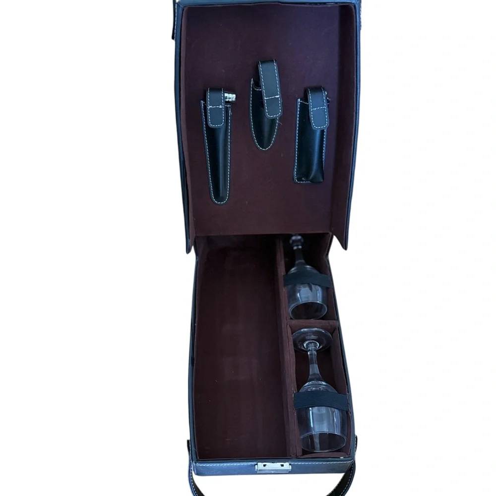 Luxury Genuine Leather 2 Bottle Wine Caddy w/ Glasses & Stainless Wine Tools